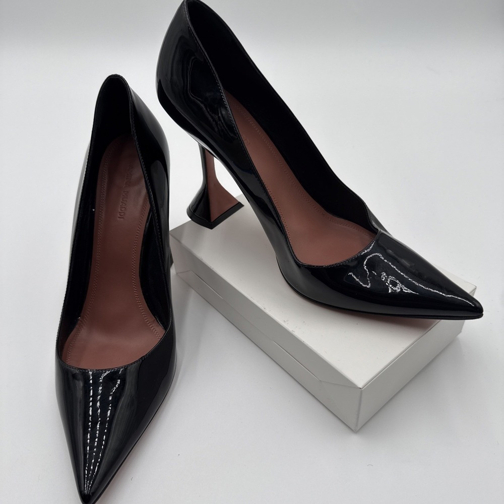 Amina Muaddi Black Patent Leather Pedestal Heel Pumps Shoes Sz 10.5 US - 40.5 IT